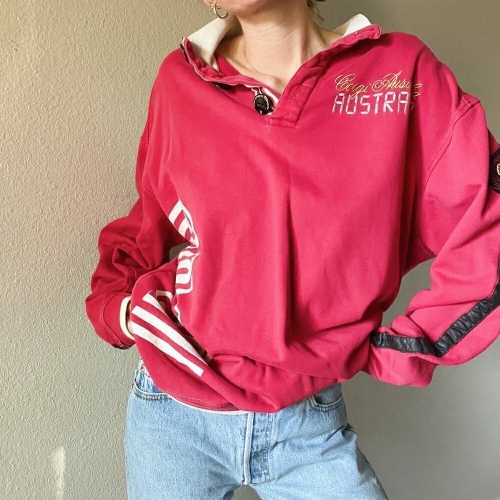 Vintage COOGI Australia Red Quarter Button Pullover Logo Sweatshirt